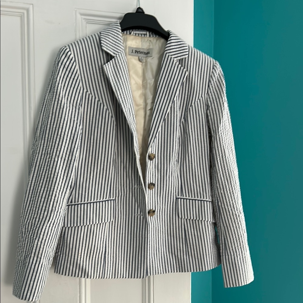 J. Peterman White and Blue Blazer Lightweight Seersucker Style